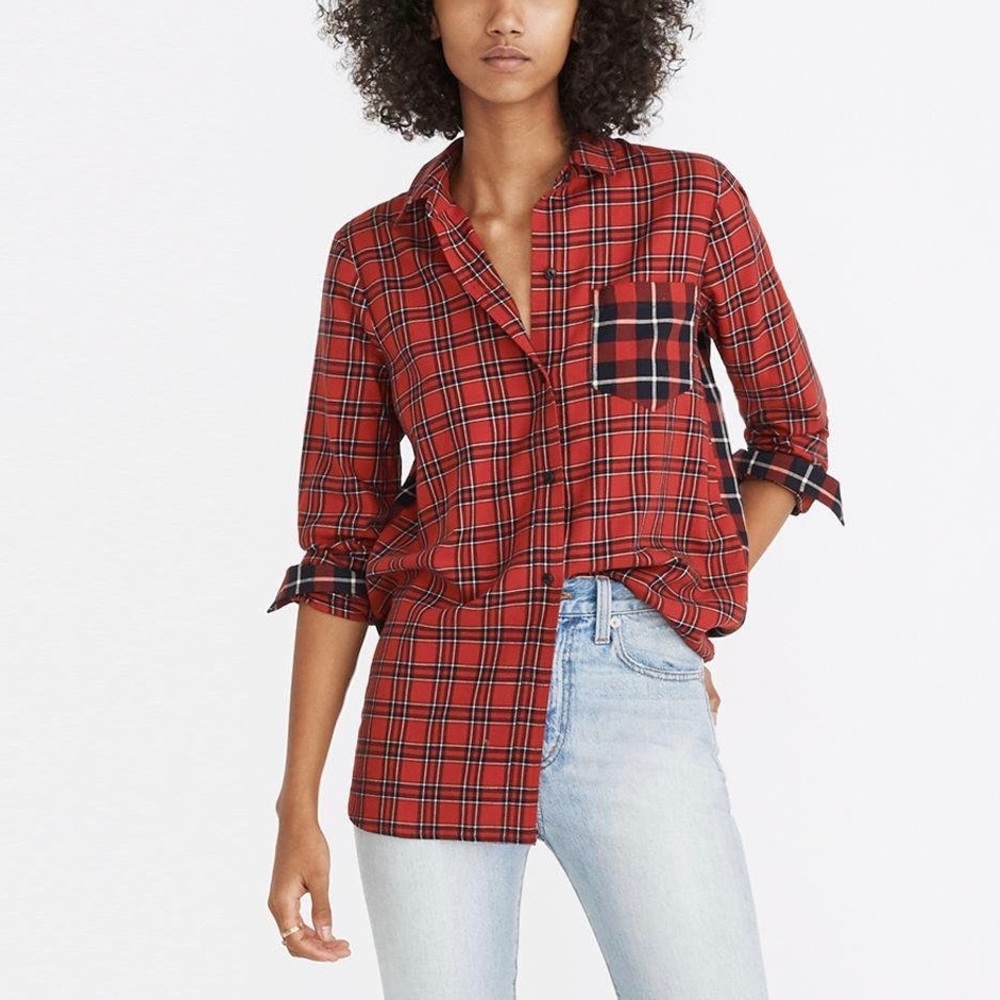 Madewell Ex-Boyfriend Plaid Patchwork Button Up Shirt Red Black Medium